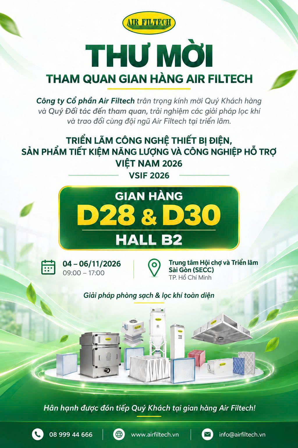 Thư mời tham quan gian hàng Air Filtech D28 & D30, Hall B2 tại triển lãm VSIF 2026, SECC TP.HCM
