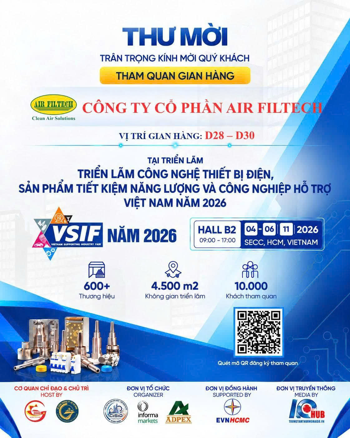 Thư mời VSIF 2026 với mã QR đăng ký tham quan, gian hàng Air Filtech D28 – D30, Hall B2 SECC